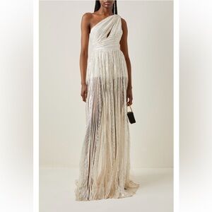 NWT Elie Saab Women's Sequined Tulle One-shoulder Gown In White Ivory FR 38 US 6